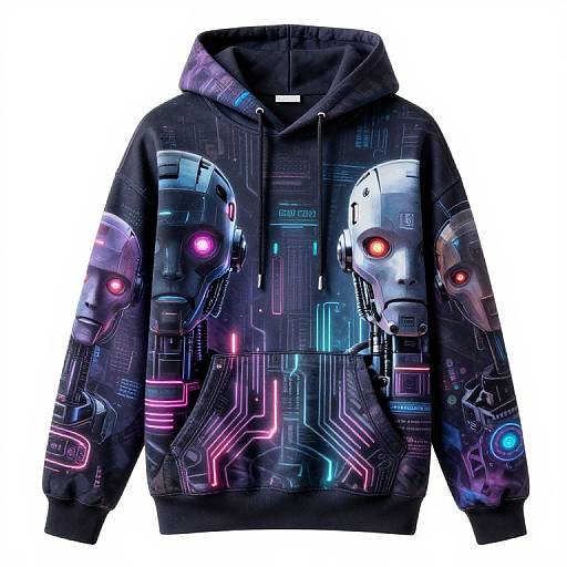 Cyberpunk-themed hoodie with dark background, featuring glowing neon pink, blue, and purple circuit patterns and robotic face designs on front and sleeves. Phot