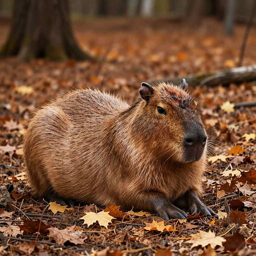 Photograph of a beaver with brown, fuzzy fur lying on a forest floor covered in autumn leaves, with blurred trees in the background.