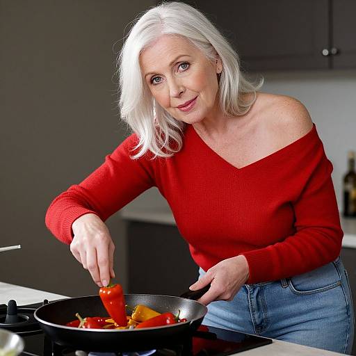 Photograph of a smiling middle-aged white woman with white hair, wearing a red off-shoulder sweater and blue jeans, cooking bell peppers in a