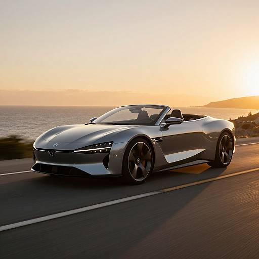 Photograph of a sleek, silver convertible sports car with black rims driving on a coastal road at sunset, ocean and horizon in background.