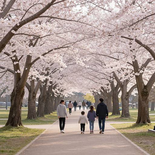 Photograph of a family walking under a cherry blossom tunnel, surrounded by pink blossoms, with sunlight filtering through, casting dappled shadows on a