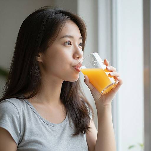 Photograph of an Asian woman with long black hair, wearing a gray shirt, drinking orange juice from a clear glass, illuminated by natural light from a