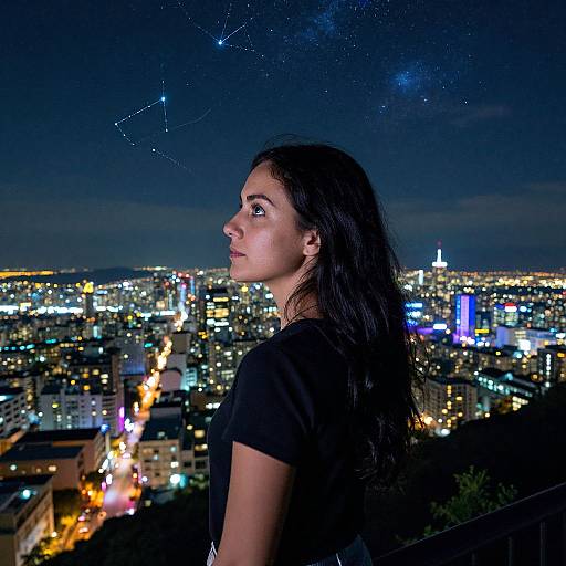 Photograph of a young woman with long black hair, wearing a black shirt, gazing at a nighttime cityscape with visible constellations. City