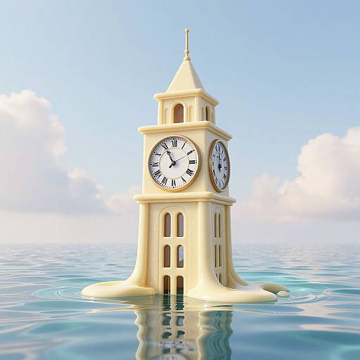 Digital illustration of a cream-colored clock tower with black clock faces, floating in calm blue water under a clear sky.