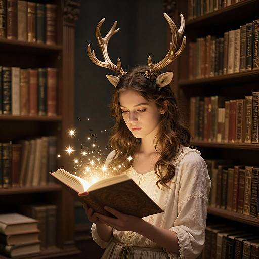 Photograph of a young woman with deer antlers, long brown hair, and white lace dress, reading a glowing book surrounded by sparkles in a