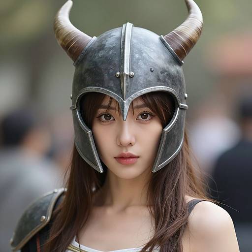 Photograph of an Asian woman with long brown hair, wearing a metallic horned helmet and shoulder armor, standing outdoors with a blurred background.