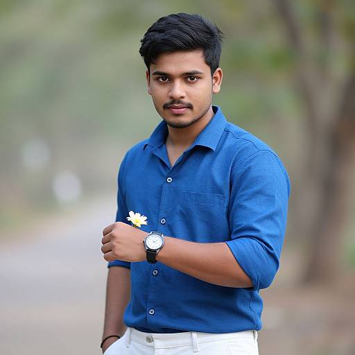 Photograph of a young Indian man with dark hair, brown eyes, and light brown skin, wearing a blue button-up shirt and white pants, holding