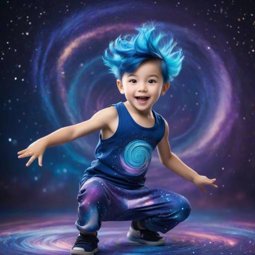 Playful Boy with Swirling Blue Hair in Galaxy Outfit