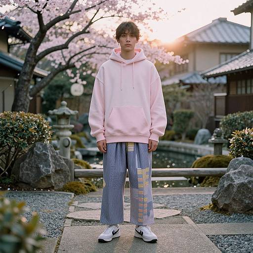 Photograph of a young man with curly hair, wearing a pink hoodie and striped, patchwork pants, standing in a traditional Japanese garden at sunset.