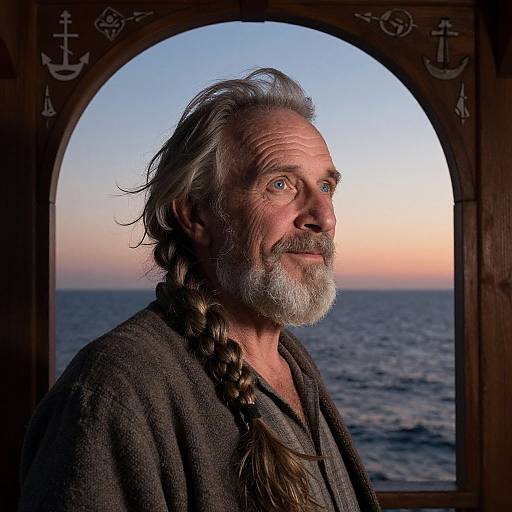 Photograph of an older man with gray beard and braided hair, wearing a dark robe, gazing at a sunset over the ocean through an ar
