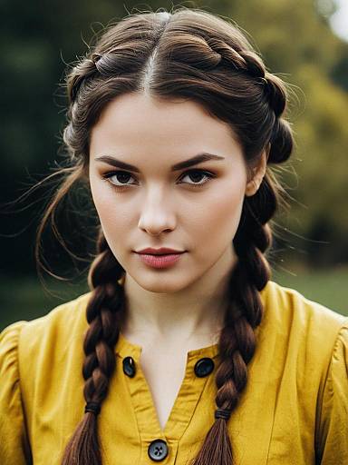 Young Woman with Twin Braids in Yellow Dress