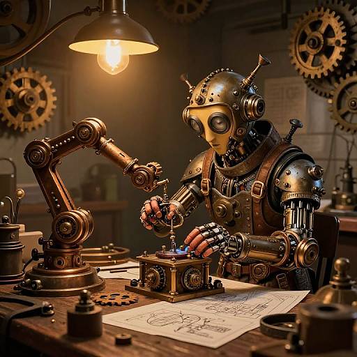 Steampunk robot with brass gears and a lamp-lit workspace, meticulously drawing on paper with a pen, surrounded by cogs and tools.