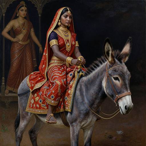 Digital painting of a dark-skinned Indian woman in a red and gold traditional dress riding a donkey, with another woman in similar attire standing in the
