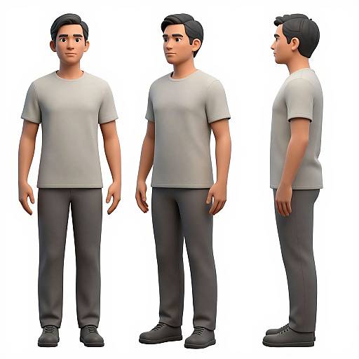 CGI image of a young, dark-haired man in three views: front, side, back. Wearing a gray t-shirt and dark gray pants