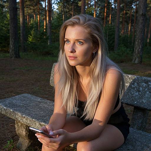 Photograph of a blonde woman with fair skin and blue eyes, sitting on a stone bench in a forest, holding a smartphone, bathed in sunlight
