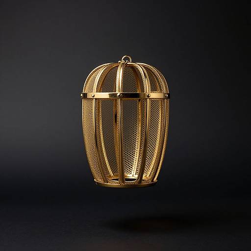 Photograph of a luxurious, golden, mesh lantern with a spherical shape, illuminated from within, set against a dark blue gradient background.
