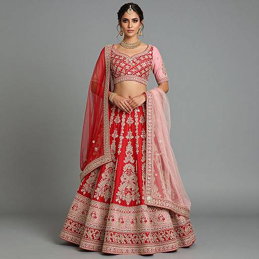 Photograph of a South Asian woman in a red and pink traditional lehenga with intricate gold embroidery, wearing a matching dupatta, jewelry, and a