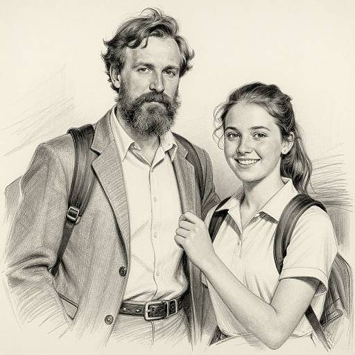 Black-and-white sketch of a bearded man with a backpack, wearing a blazer, and a smiling woman with a ponytail, also with a