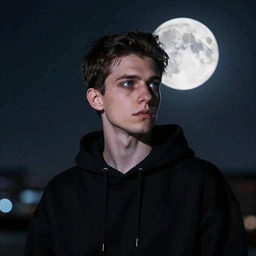 Young Man in Black Hoodie with Full Moon