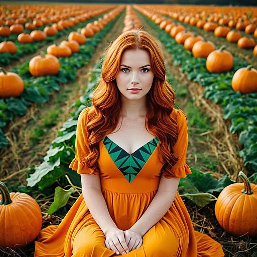 Young Woman in Orange Dress Sitting in Pumpkin Field