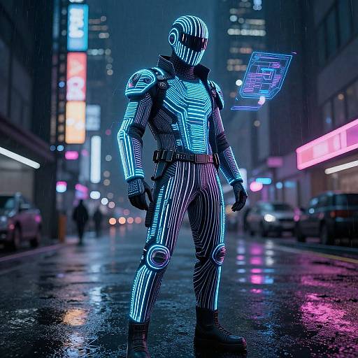Neon-lit cyber soldier in striped, glowing armor stands in a rain-soaked, futuristic city street with vibrant neon signs in the background.