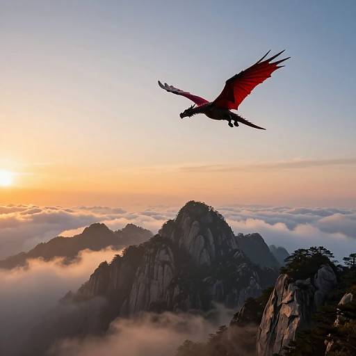 Photograph of a red dragon with outstretched wings soaring above a misty mountain range at sunset, with a golden sky and soft clouds.