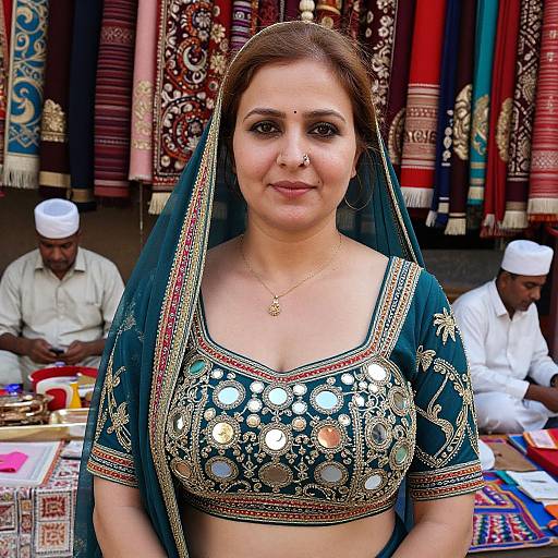 Photograph of a South Asian woman with medium brown skin, wearing a green embroidered top and dupatta, standing in front of colorful, patterned textiles