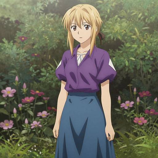 Anime-style digital drawing of a blonde girl with blue eyes, wearing a purple shirt and blue skirt, standing in a lush, colorful garden with pink flowers