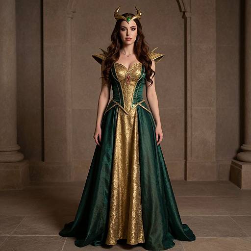 Photograph of a long-haired woman in a regal, dark green and gold gown with gold accents, horned crown, standing in a stone-column