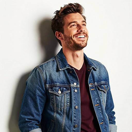 Photograph of a smiling, bearded man with tousled brown hair, wearing a blue denim jacket over a black shirt, against a white background.