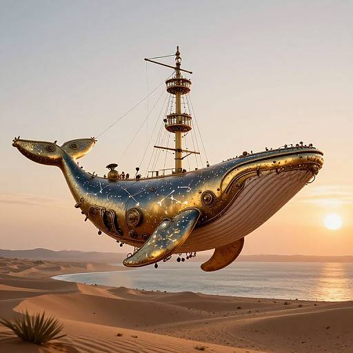 A whimsical, steampunk-style whale ship with a tall mast and small sailors, floating over a desert beach at sunset. Digital art.
