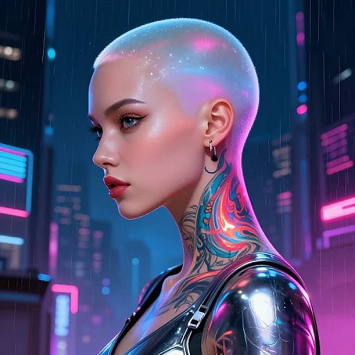 Cyberpunk digital artwork of a bald, tattooed woman with neon-lit cityscape background, wearing a shiny black latex jacket, rain falling.