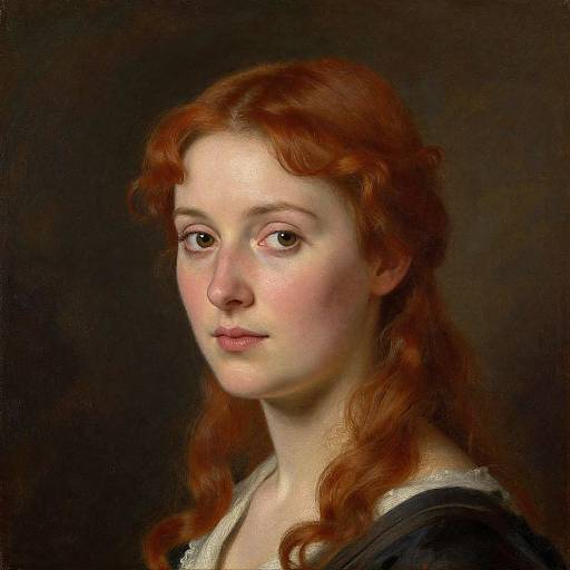 Photorealistic oil painting of a young Caucasian woman with fair skin, red curly hair, and gentle expression, wearing a dark top against a dark background