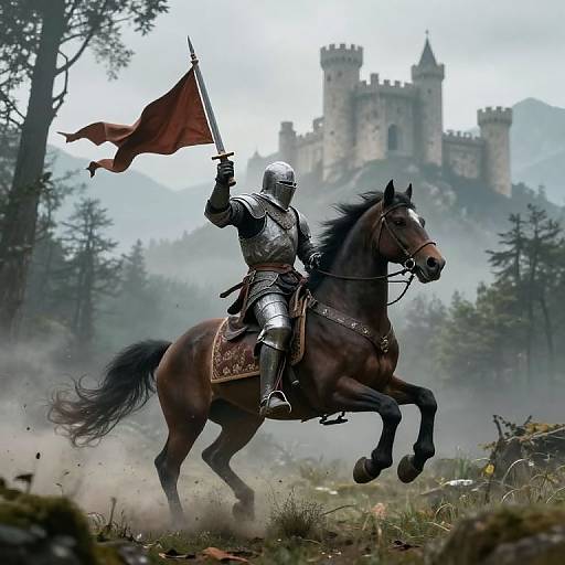 Photorealistic digital art: armored knight with silver helmet and shining armor rides a black horse, waving a red flag near a misty, medieval castle