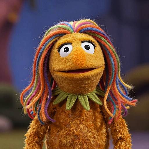 Photograph of a fuzzy, orange Muppet with multicolored, rainbow-striped hair, large white eyes, and a green leaf collar against a blurred