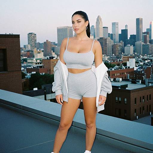 Photograph of a fit, fair-skinned woman with dark hair in a white sports bra and shorts, standing on a rooftop, city skyline in the
