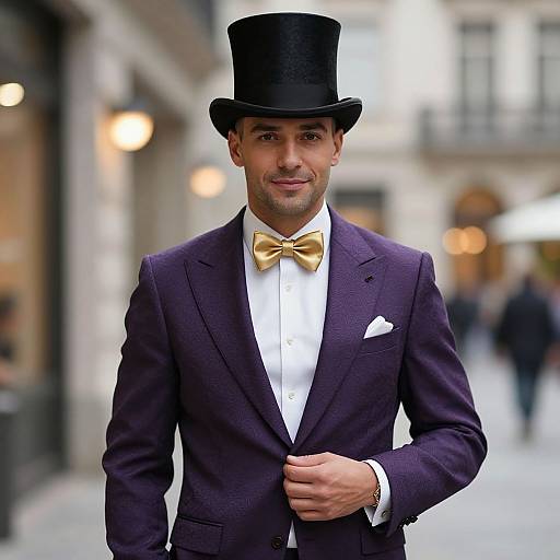 Photograph of a handsome man with light skin, wearing a black top hat, gold bowtie, dark purple suit, white shirt, and white pocket