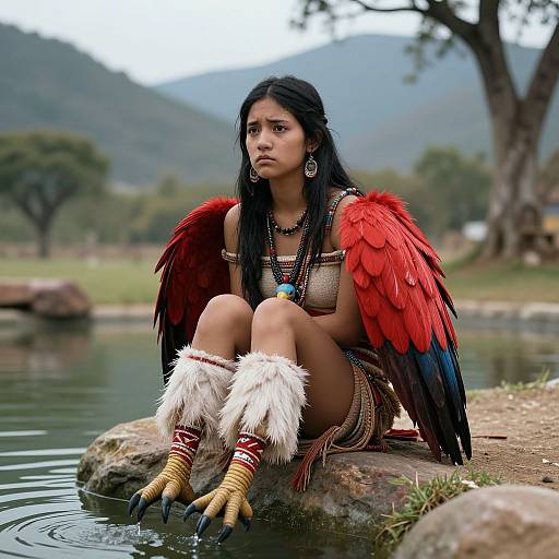 Photorealistic digital artwork of a Native American woman with red and black feathered wings, white fur ankle cuffs, and clawed feet, sitting by