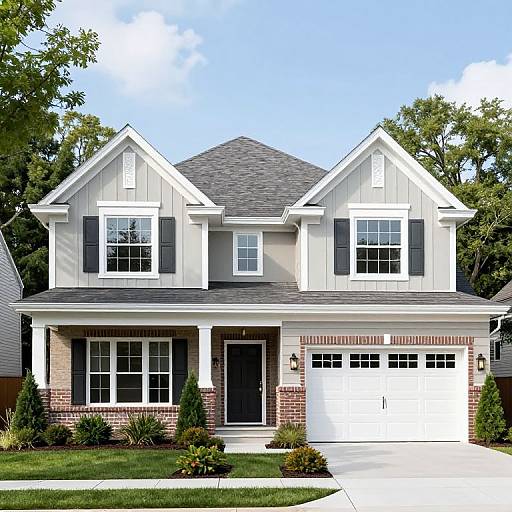 Photograph of a two-story suburban house with light gray and white exterior, brick accents, black shutters, and a gray shingle roof.