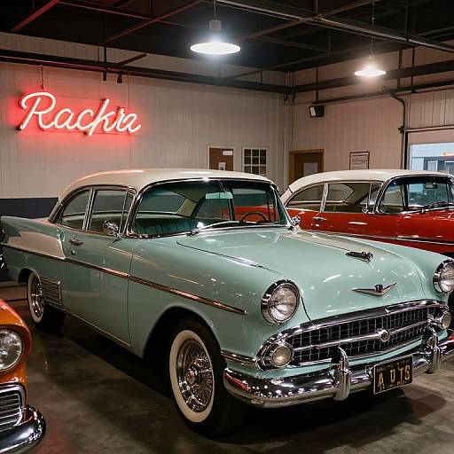 Photograph of a mint-green vintage car with chrome accents, parked in a dimly lit garage under a neon 