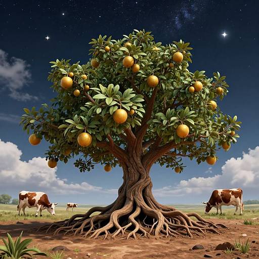 Surreal 3D Landscape with Floating Fruits