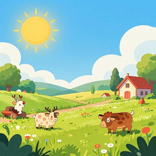 Bright, colorful cartoon farm scene with a sunny sky, two cows, a deer, a red barn, and lush green hills.