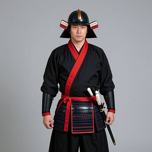 Photograph of a serious Asian man in traditional black samurai armor with red accents, helmet with white and red stripes, and katana sheathed at