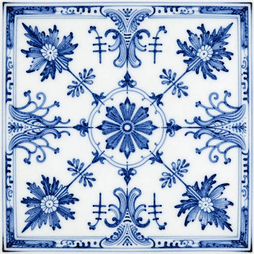 Blue and white ceramic tile pattern featuring symmetrical floral designs, swirls, and crosses, with intricate borders on a white background.
