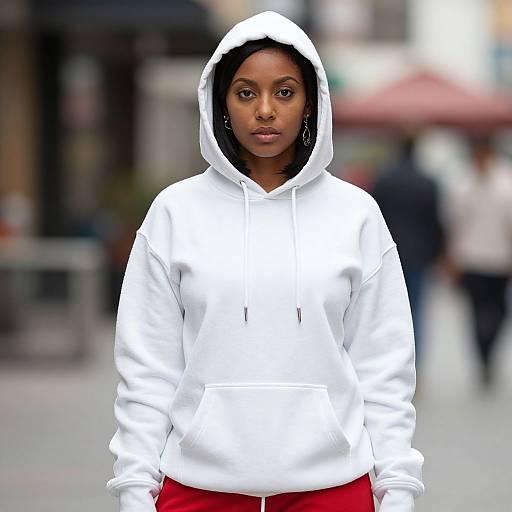 Photograph of a serious Black woman with dark skin, wearing a white hooded sweatshirt and red pants, standing in a blurred urban background.
