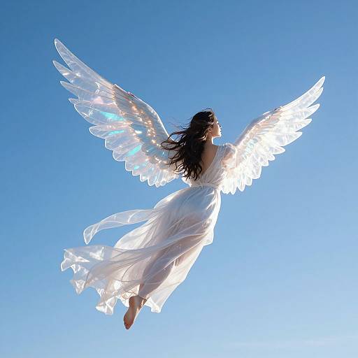 Photograph of an angelic woman with white wings and flowing dress, soaring against a clear blue sky, hair flowing freely.