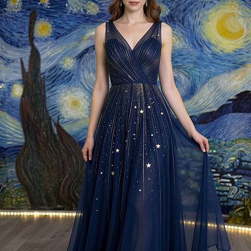 Photograph of a woman in a sleeveless, navy blue, V-neck gown with star patterns, standing against a Van Gogh-style night sky backdrop