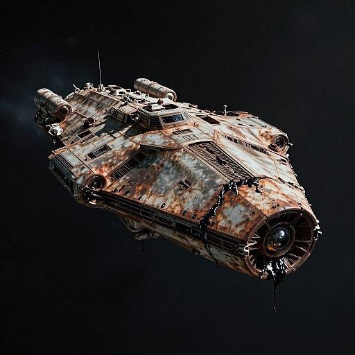 CGI image of a heavily damaged, rusted, and charred spaceship flying against a black, starless background with visible smoke from its damaged engines