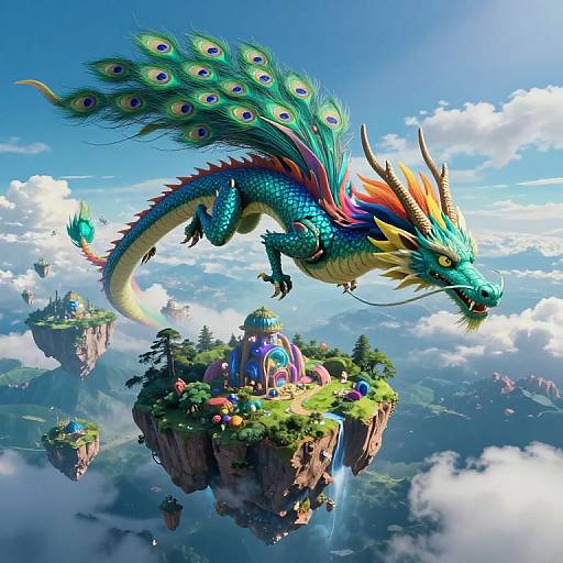 Digital artwork of a vibrant, peacock-feathered dragon soaring above floating islands with colorful villages and lush greenery, set against a bright blue sky