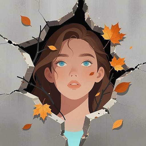 Young Woman Emerging from Cracked Concrete Wall